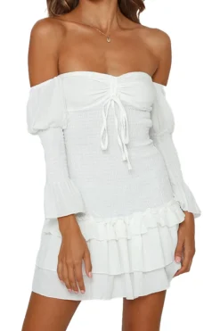 Off The Shoulder Long Sleeves White Graduation Dress with Pleated