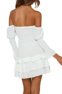 Off The Shoulder Long Sleeves White Graduation Dress with Pleated