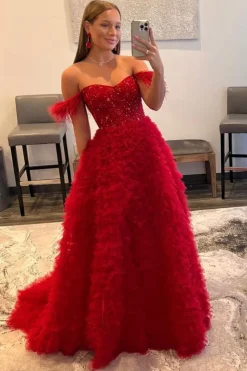 Off the Shoulder Multi-layered Princess Prom Dress with Feathers