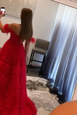 Off the Shoulder Multi-layered Princess Prom Dress with Feathers