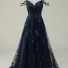 Off the Shoulder Navy A Line Glitter Prom Dress with Sequins