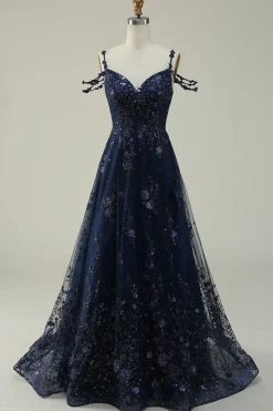 Off the Shoulder Navy A Line Glitter Prom Dress with Sequins
