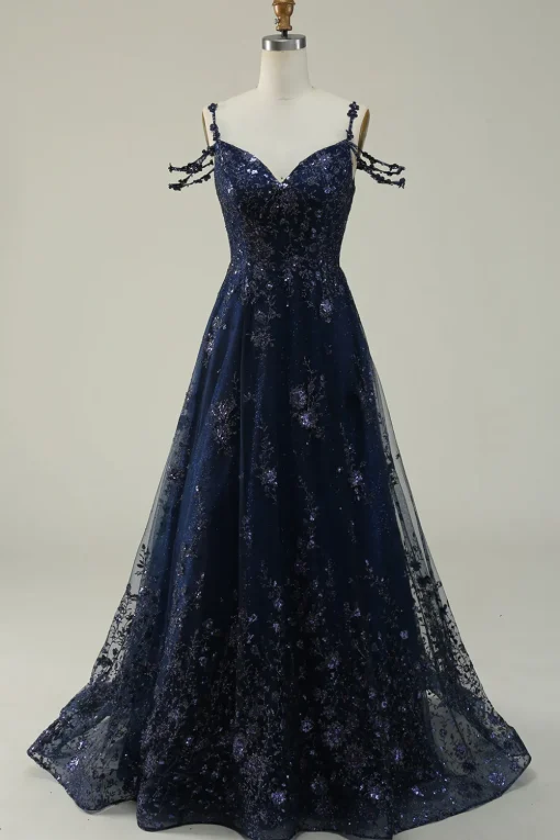 Off the Shoulder Navy A Line Glitter Prom Dress with Sequins