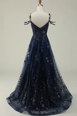 Off the Shoulder Navy A Line Glitter Prom Dress with Sequins