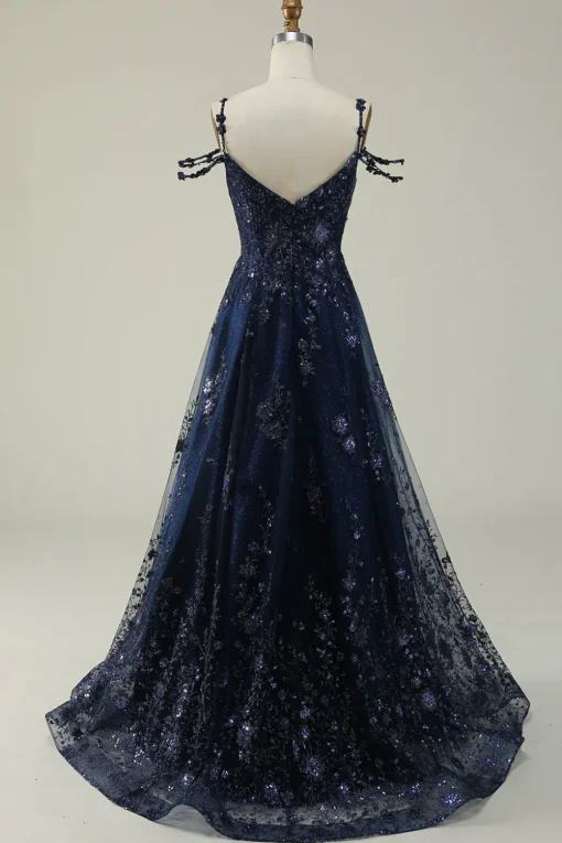 Off the Shoulder Navy A Line Glitter Prom Dress with Sequins