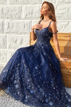 Off the Shoulder Navy A Line Glitter Prom Dress with Sequins