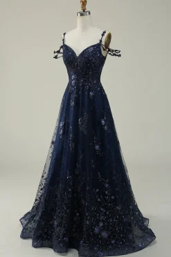 Off the Shoulder Navy A Line Glitter Prom Dress with Sequins