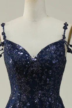 Off the Shoulder Navy A Line Glitter Prom Dress with Sequins