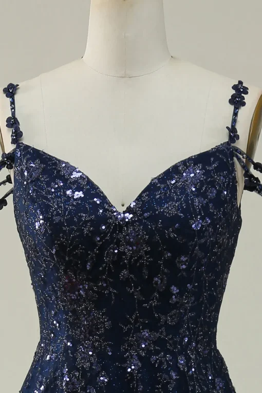 Off the Shoulder Navy A Line Glitter Prom Dress with Sequins