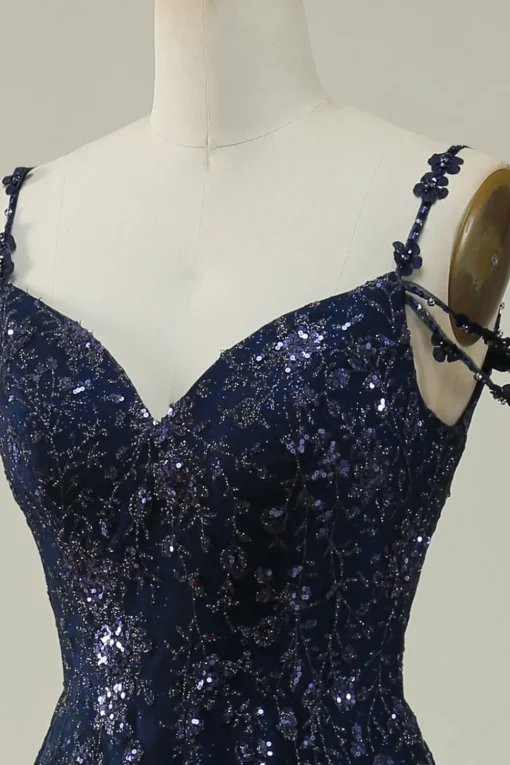 Off the Shoulder Navy A Line Glitter Prom Dress with Sequins