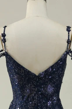 Off the Shoulder Navy A Line Glitter Prom Dress with Sequins