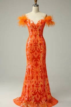 Off the Shoulder Orange Sequins Mermaid Prom Dress with Feathers