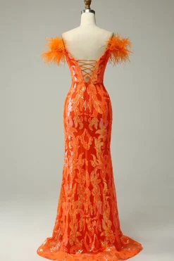 Off the Shoulder Orange Sequins Mermaid Prom Dress with Feathers