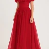 Off the Shoulder Pleated Ruffled A Line Red Long Formal Dress