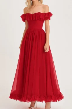 Off the Shoulder Pleated Ruffled A Line Red Long Formal Dress