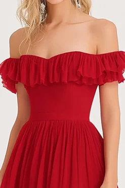 Off the Shoulder Pleated Ruffled A Line Red Long Formal Dress