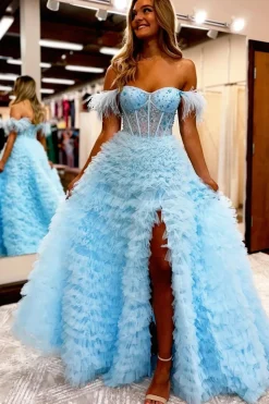 Off the Shoulder Princess Prom Dress with Feathers