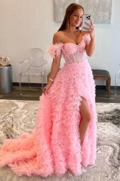 Off the Shoulder Princess Prom Dress with Feathers