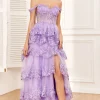 Off the Shoulder Purple Corset Prom Dress with Slit