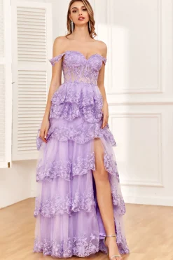 Off the Shoulder Purple Corset Prom Dress with Slit