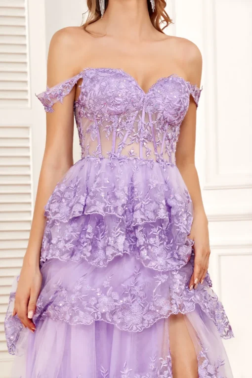 Off the Shoulder Purple Corset Prom Dress with Slit