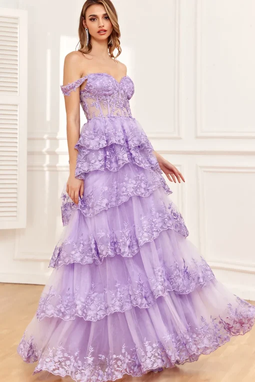 Off the Shoulder Purple Corset Prom Dress with Slit