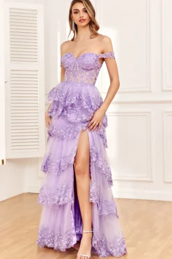 Off the Shoulder Purple Corset Prom Dress with Slit