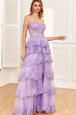 Off the Shoulder Purple Corset Prom Dress with Slit