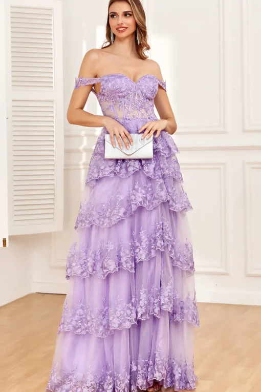Off the Shoulder Purple Corset Prom Dress with Slit