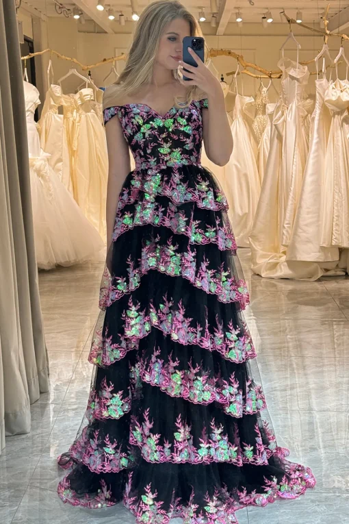 Off the Shoulder Purple Corset Prom Dress with Slit