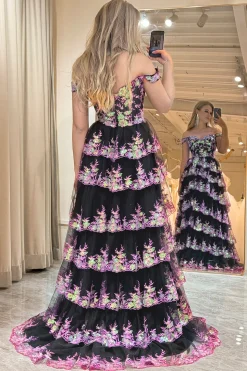 Off the Shoulder Purple Corset Prom Dress with Slit