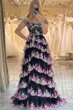 Off the Shoulder Purple Corset Prom Dress with Slit