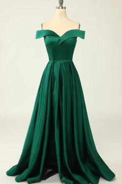 Off the Shoulder Satin A-line Prom Dress with Buttons