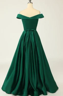 Off the Shoulder Satin A-line Prom Dress with Buttons