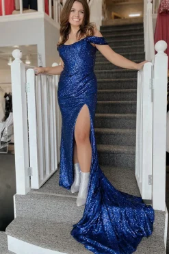 Off the Shoulder Sequin Glitter Prom Dress with Slit