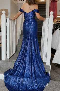 Off the Shoulder Sequin Glitter Prom Dress with Slit