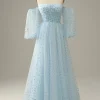 Off The Shoulder Sky Blue A line Tulle Prom Dress