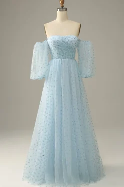 Off The Shoulder Sky Blue A line Tulle Prom Dress