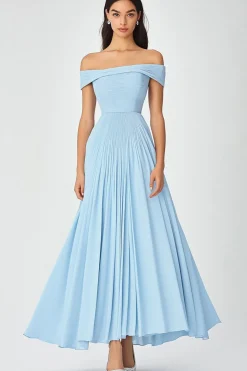 Off  the Shoulder Sky Blue A Line Ruched Chiffon Formal Dress