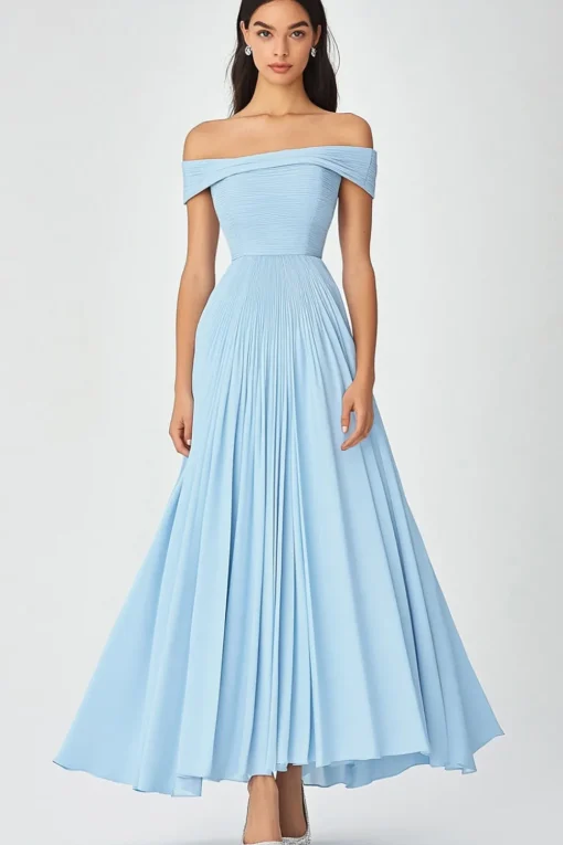Off  the Shoulder Sky Blue A Line Ruched Chiffon Formal Dress