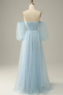 Off The Shoulder Sky Blue A line Tulle Prom Dress