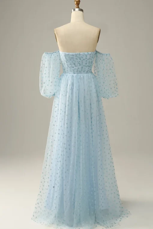 Off The Shoulder Sky Blue A line Tulle Prom Dress