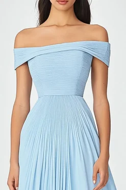 Off  the Shoulder Sky Blue A Line Ruched Chiffon Formal Dress
