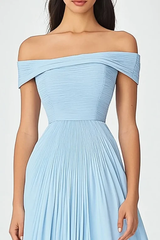 Off  the Shoulder Sky Blue A Line Ruched Chiffon Formal Dress