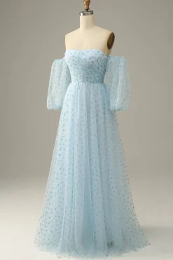 Off The Shoulder Sky Blue A line Tulle Prom Dress