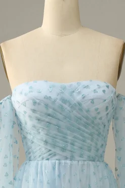 Off The Shoulder Sky Blue A line Tulle Prom Dress