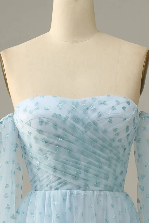 Off The Shoulder Sky Blue A line Tulle Prom Dress