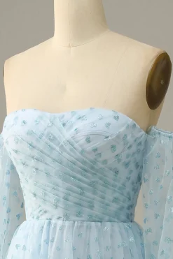 Off The Shoulder Sky Blue A line Tulle Prom Dress