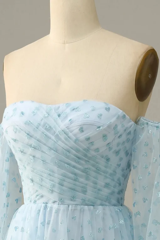 Off The Shoulder Sky Blue A line Tulle Prom Dress