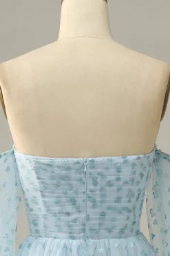 Off The Shoulder Sky Blue A line Tulle Prom Dress